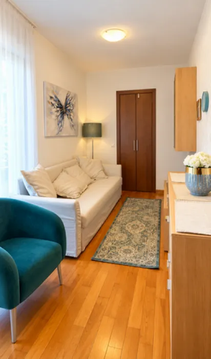 Small living room with a sofa, a green armchair, and wooden flooring.