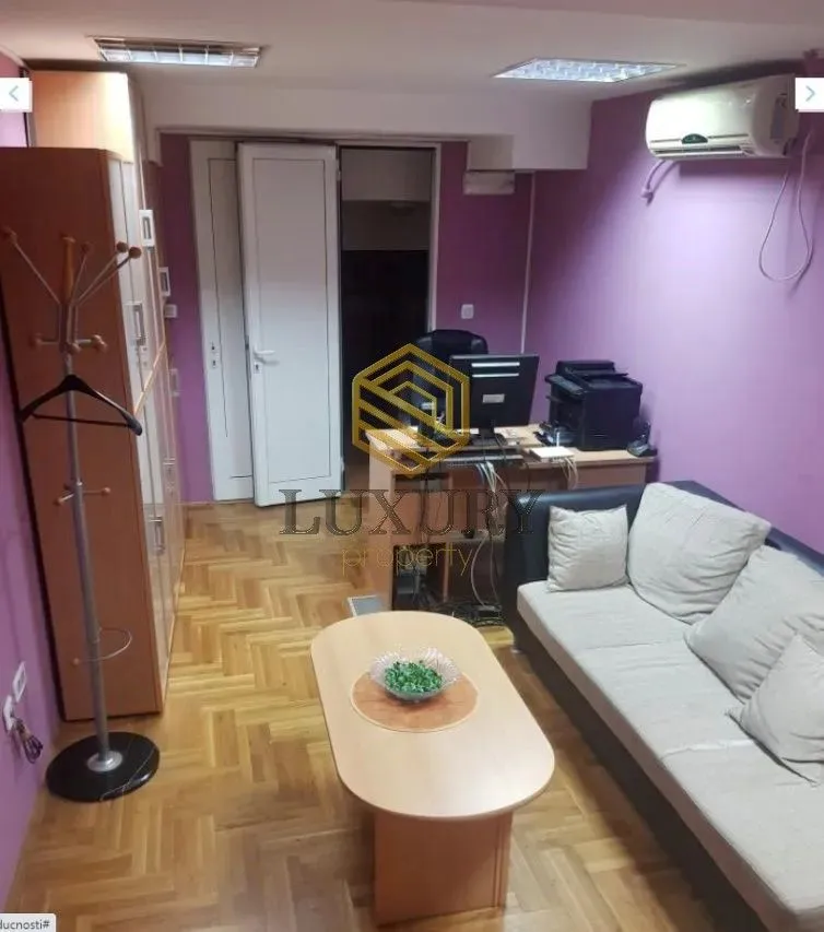 Small furnished living room with a sofa and a desk.