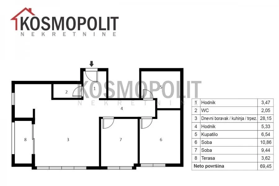 Sale, three bedroom apartment, 69m², Banovo Brdo, Beograd