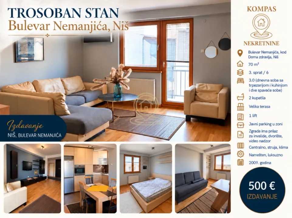 Izdavanje, trosoban stan, 70m², Medijana, Niš