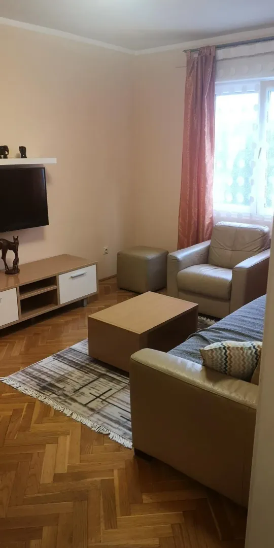 Svijetla dnevna soba sa kožnim namještajem, televizorom i parketom.