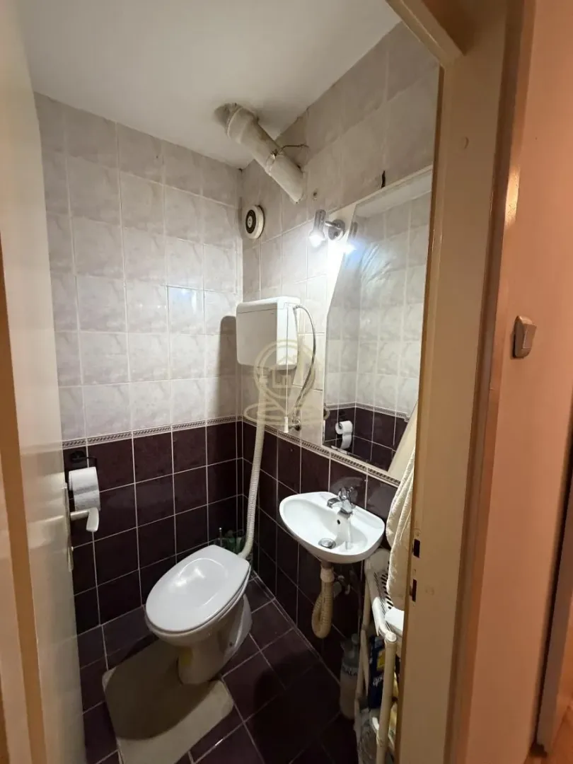 Manje kupatilo sa WC šoljom, umivaonikom i ogledalom.
