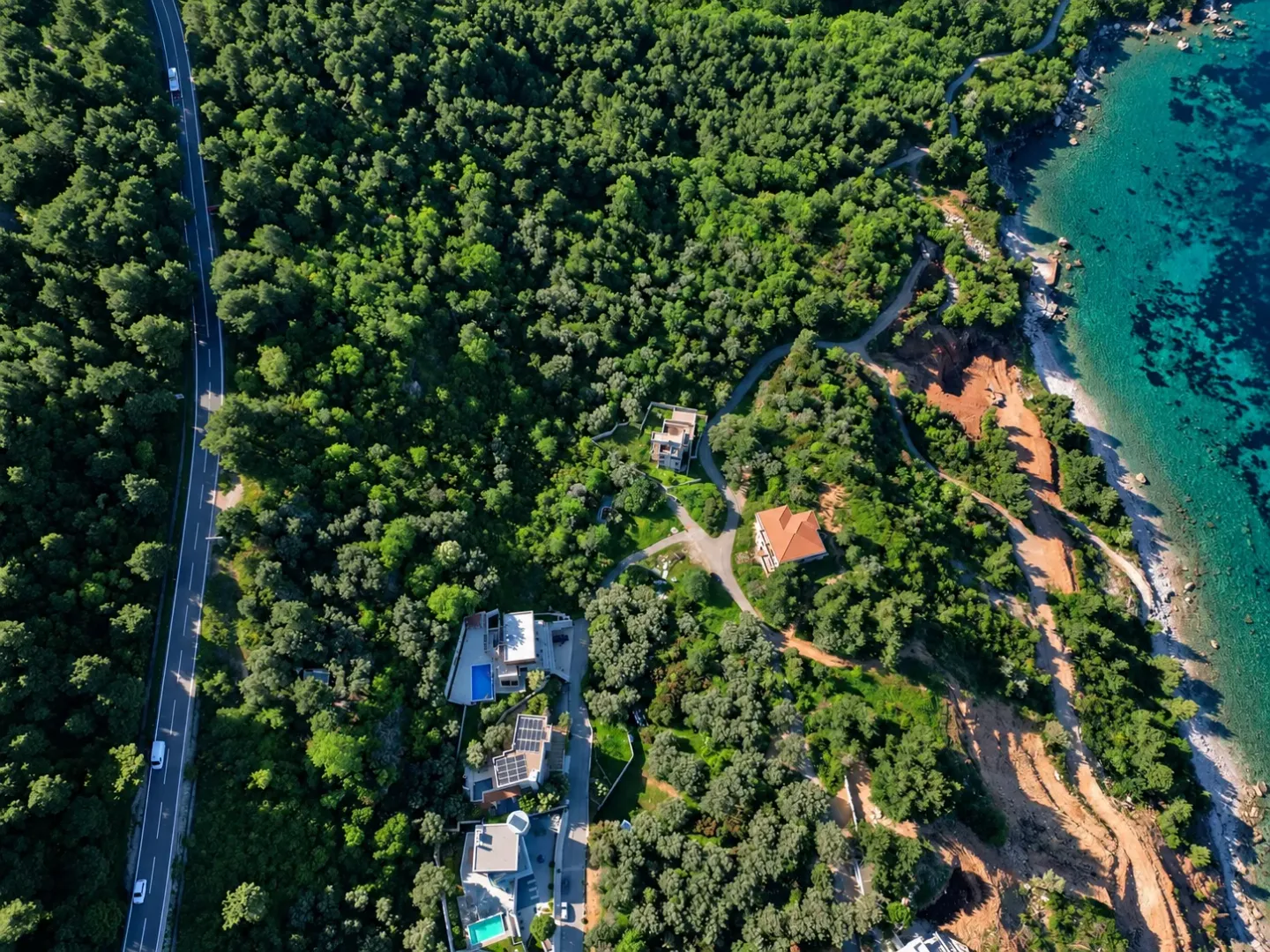 Pogled iz vazduha na obalu sa šumom, putem i kućama.