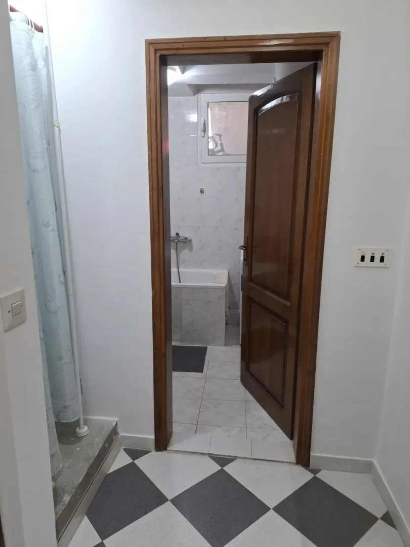 View of the bathroom through an open wooden door from the hallway.