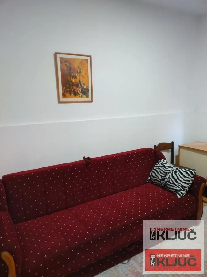 Dnevna soba sa crvenim kaučem i slikom na zidu.