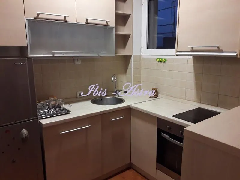 Small kitchen with light wood cabinets and built-in home appliances.