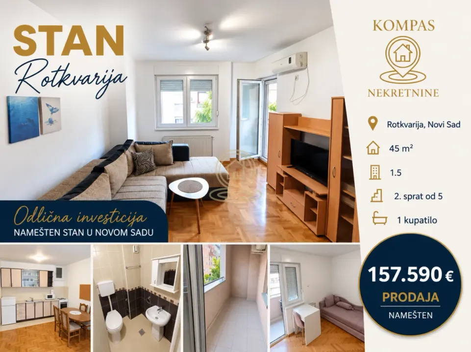 Sale, one bedroom apartment, 45m², Rotkvarija, Novi Sad Sve Podlokacije