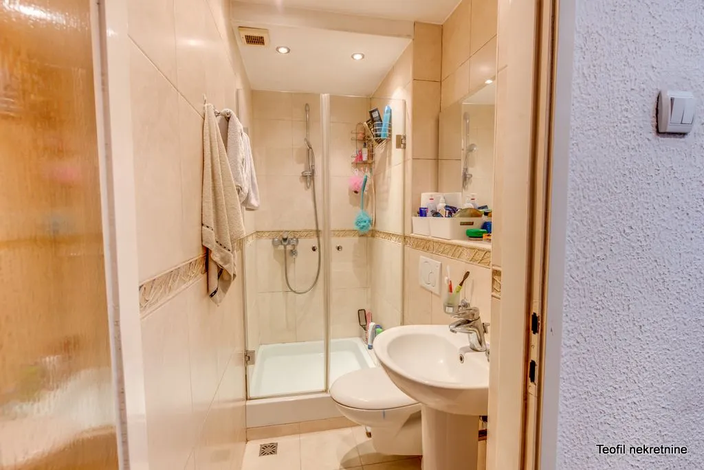 Smaller bathroom with a shower cabin, washbasin, and toilet.