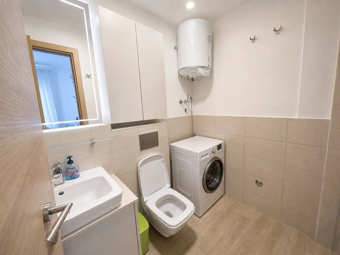 Bathroom with a sink, toilet, washing machine, and water heater.