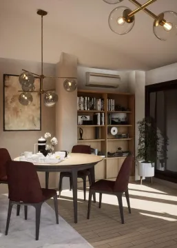 Dining area with a round table, burgundy chairs, and built-in bookshelves. - image 14
