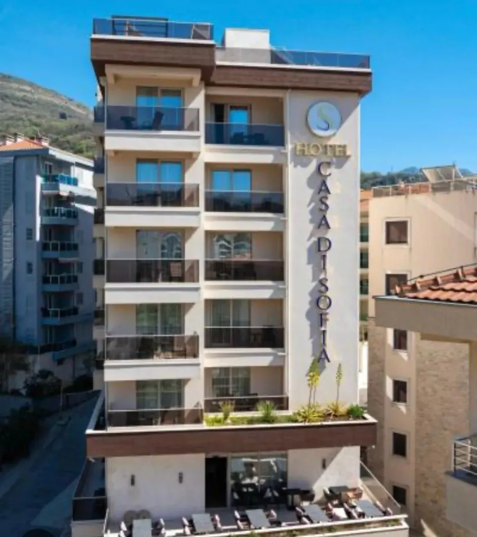 Exterior view of a multi-story hotel building with balconies.