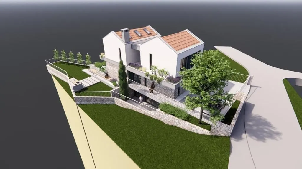 3D render moderne kuće sa uređenim dvorištem.