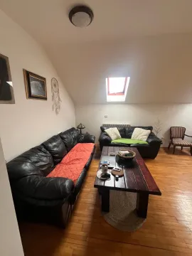 Dnevna soba sa kožnim garniturama i krovnim prozorom u potkrovlju. - image 2