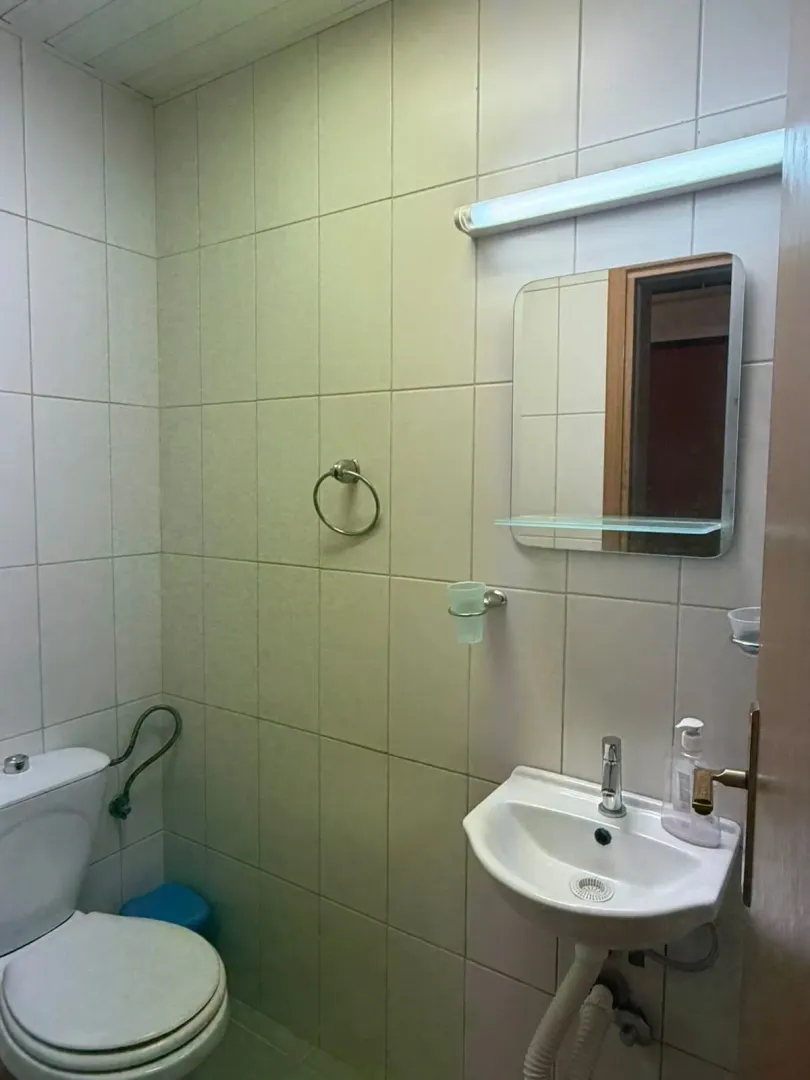 Manje kupatilo sa umivaonikom, ogledalom i toaletom obloženo keramičkim pločicama.