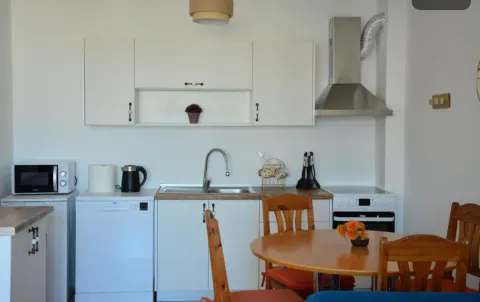 Manja svijetla kuhinja sa bijelim elementima i trpezarijskim stolom. - image 17