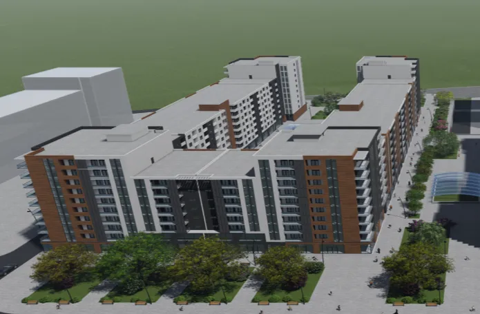 3D render stambenog kompleksa sa uređenim dvorištem i zelenilom.