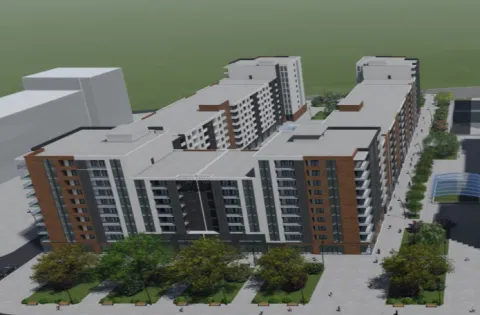 3D render stambenog kompleksa sa uređenim dvorištem i zelenilom. - image 2