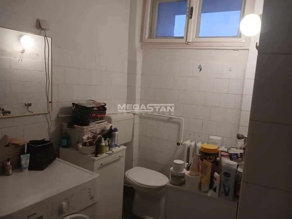 Manje kupatilo sa veš mašinom, toaletom i umivaonikom.