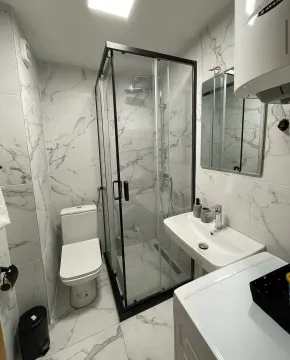 Modern bathroom with a walk-in shower, washbasin, and toilet. - image 6