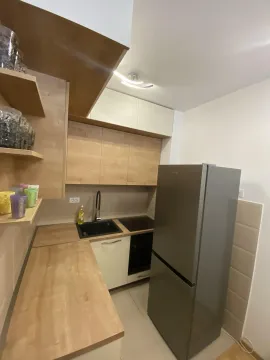 A small functional kitchen with a refrigerator and wooden cabinets. - image 7