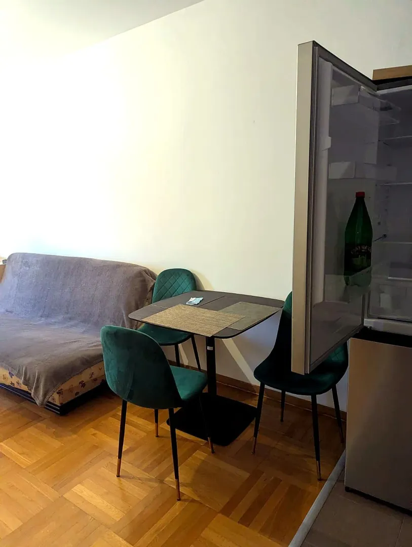 Living room with a sofa, dining table, and chairs.