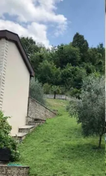 Dvorište na padini sa kamenim stepenicama i drvećem. - image 5