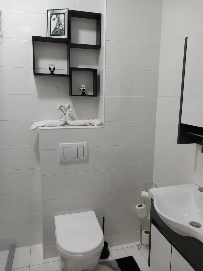 Bright bathroom with modern sanitary ware and decorative shelves.