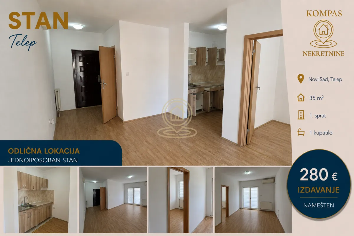 Izdavanje, jednosoban stan, 35m², Telep, Novi Sad Sve Podlokacije