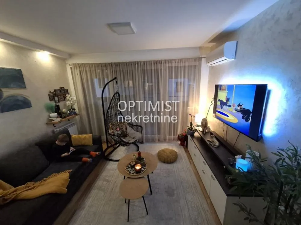 Dnevna soba sa garniturom, televizorom i visećom foteljom.