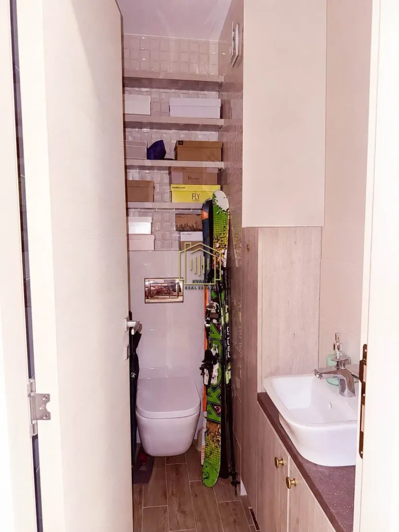Smaller bathroom with a sink, toilet, and storage shelves.