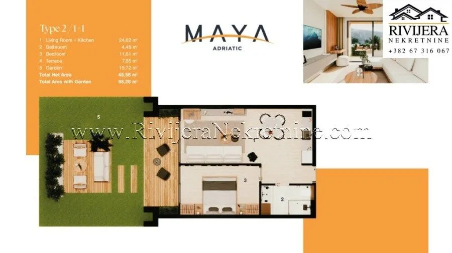 Prodaja, jednosoban stan, 48m², Kumbor, Herceg Novi