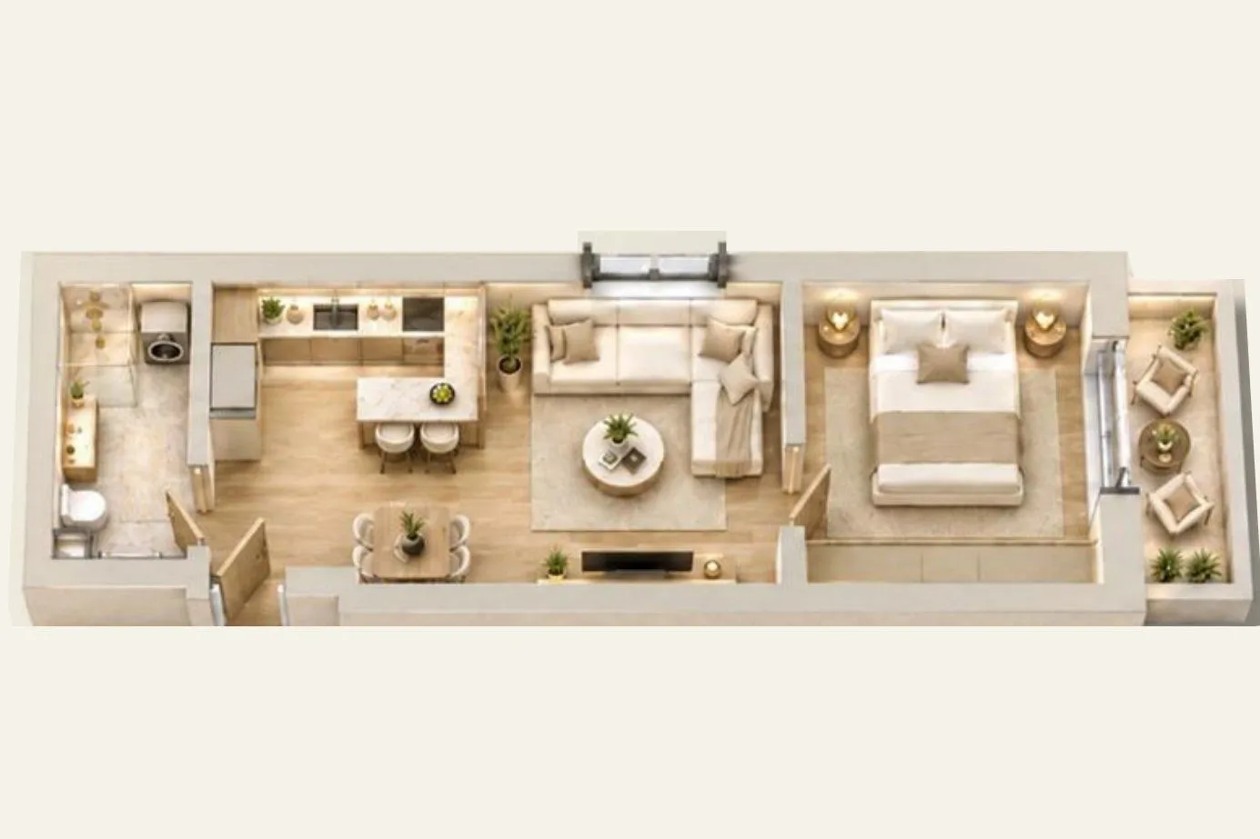 Floor plan of a furnished apartment with a kitchen, living room, bedroom, bathroom, and terrace.