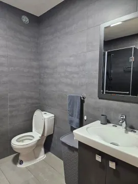 Savremeno opremljeno kupatilo sa tamnim pločicama i sanitarijama. - image 19