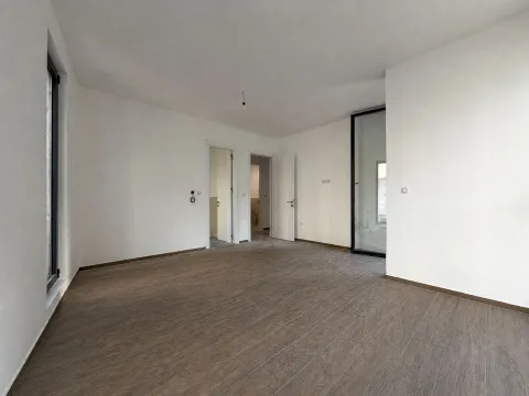 Prazna soba sa bijelim zidovima, drvenim podom i prozorima. - image 5