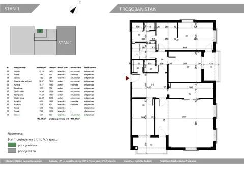 Arhitektonski plan trosobnog stana sa detaljnom tabelom prostorija i dimenzijama. - image 13