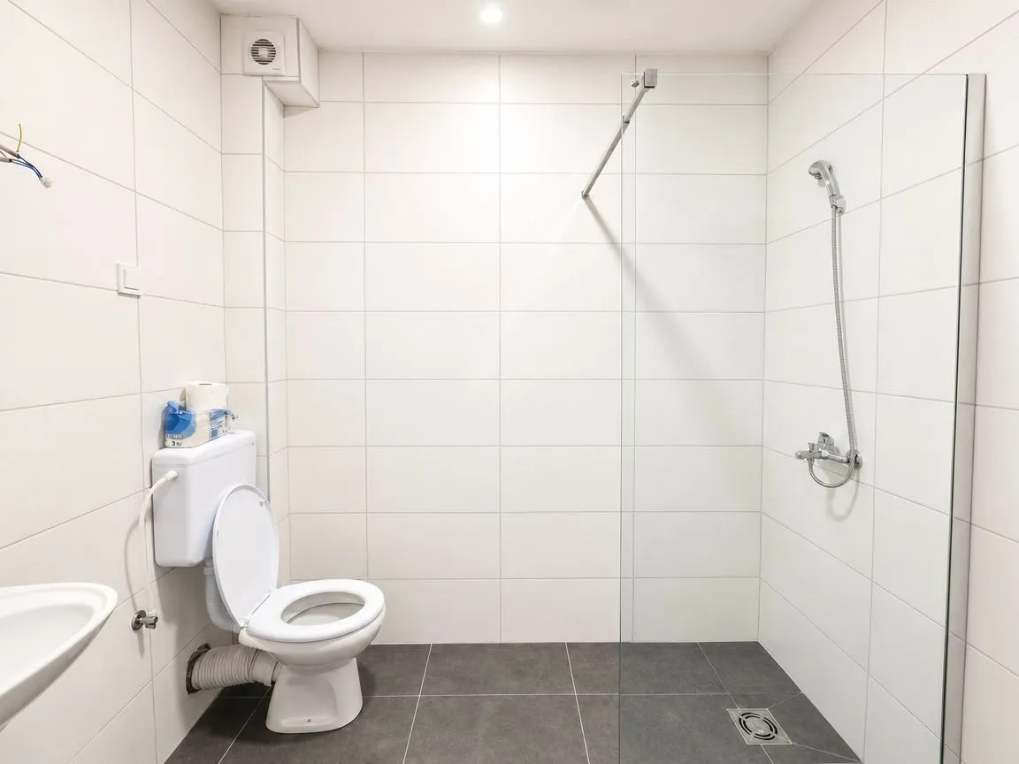 Kupatilo obloženo svijetlim pločicama sa tuš kabinom i wc šoljom.