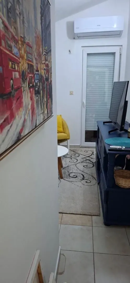 A view of part of the furnished living room with a TV and access to the terrace.