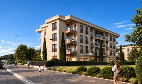 Spoljašnji izgled moderne stambene zgrade sa uređenim dvorištem i šetalištem. - image 4