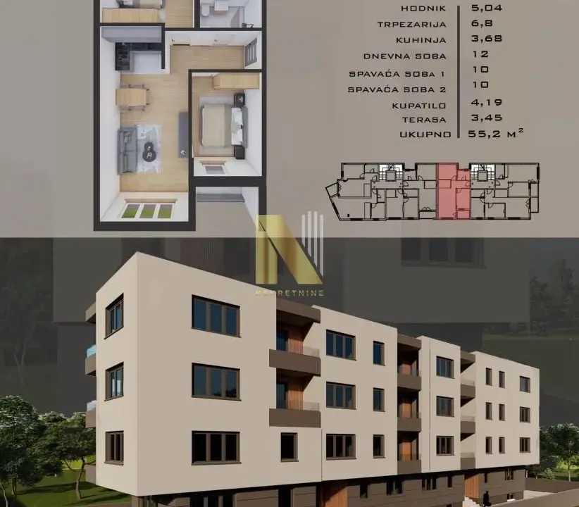 Sale, two bedroom apartment, 53m², Telep, Novi Sad Sve Podlokacije