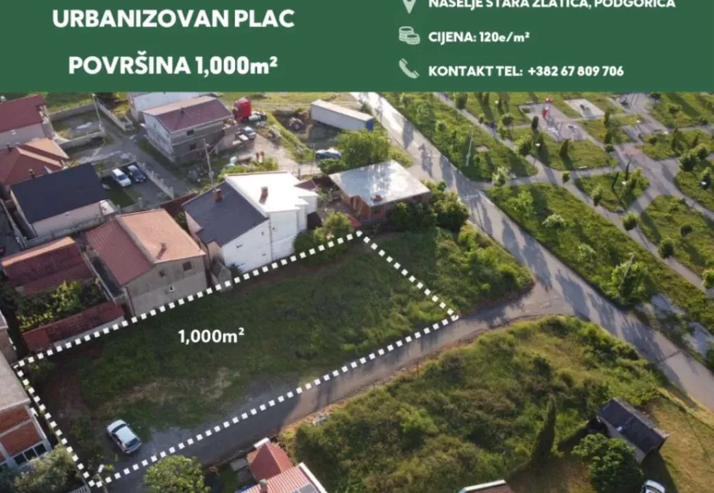 Prodaja, plac, 1000m², Zlatica, Podgorica
