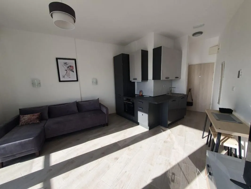 Living room with a sofa and an open-plan kitchen.