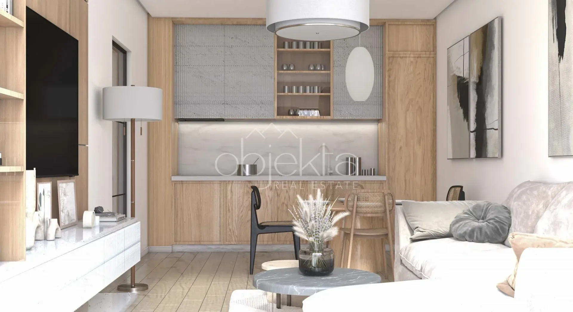 Modern living room with kitchen and dining area.