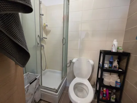 Manje kupatilo sa tuš kabinom, šoljom i policom za odlaganje. - image 13