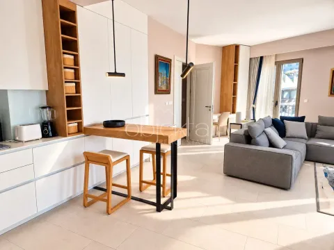 Modern living room with kitchen and dining bar in an open space layout. - image 10