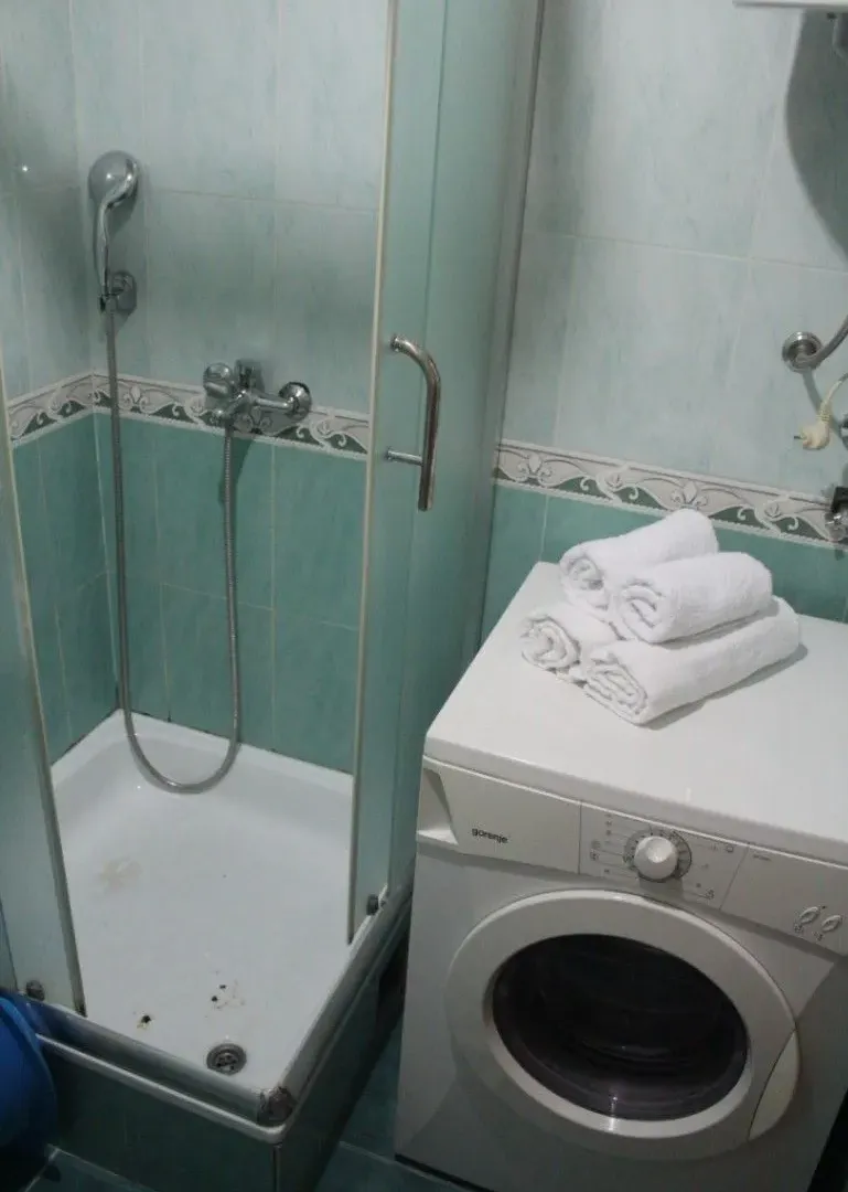 Small bathroom with a shower cabin and washing machine.