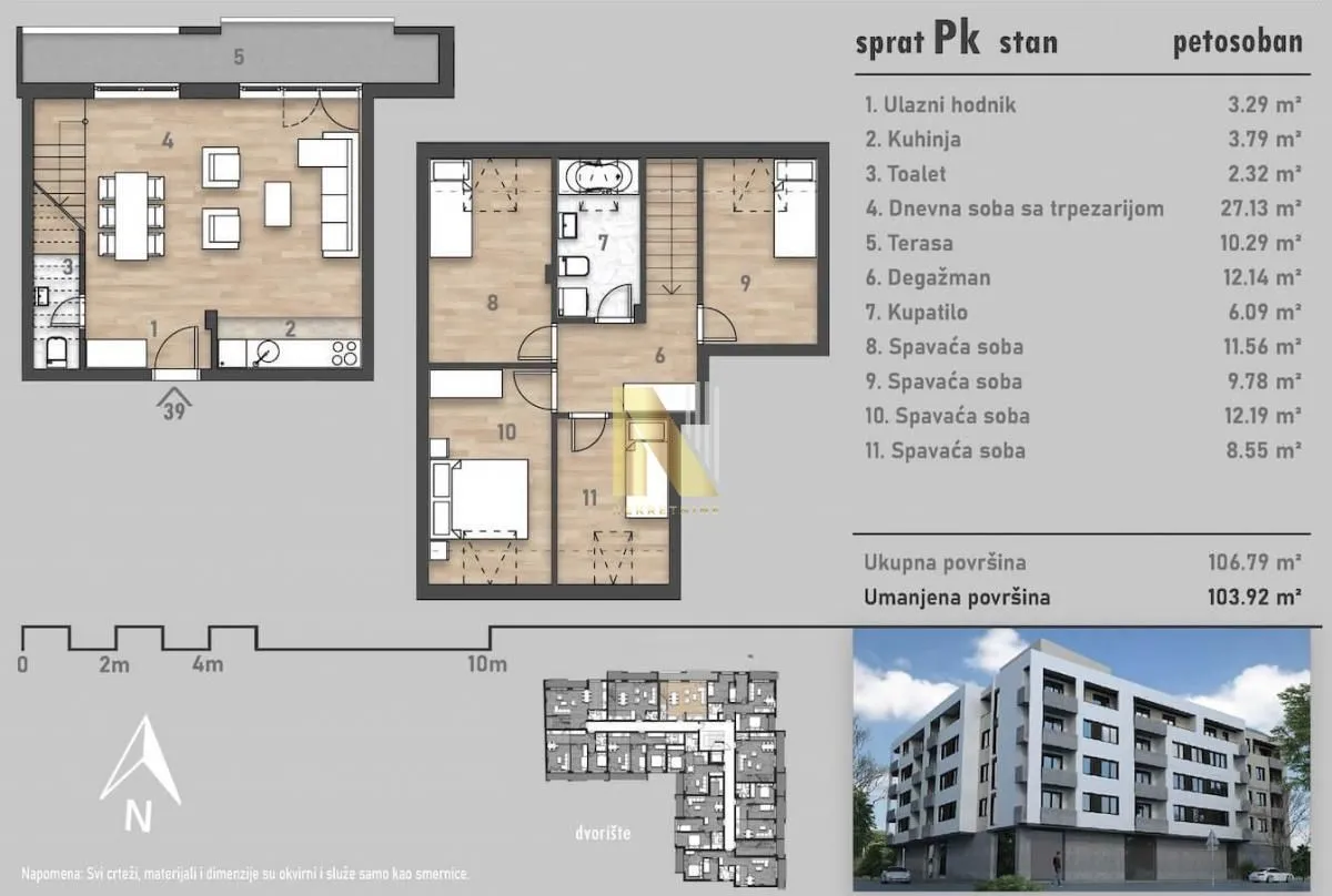 Arhitektonski nacrt i plan stanovanja sa prikazom prostorija i kvadratura.