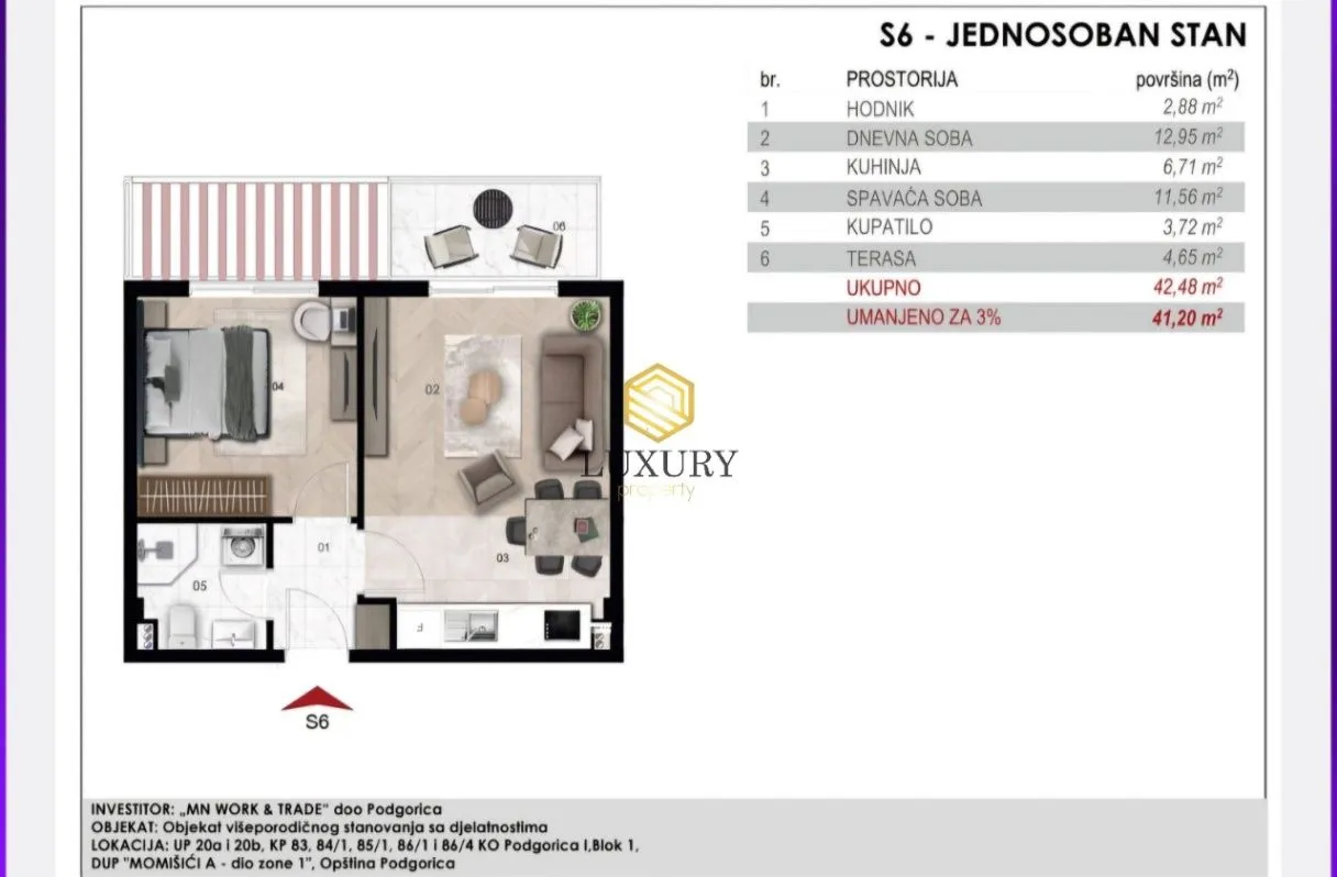 Prodaja, jednosoban stan, 41m², Momišići, Podgorica