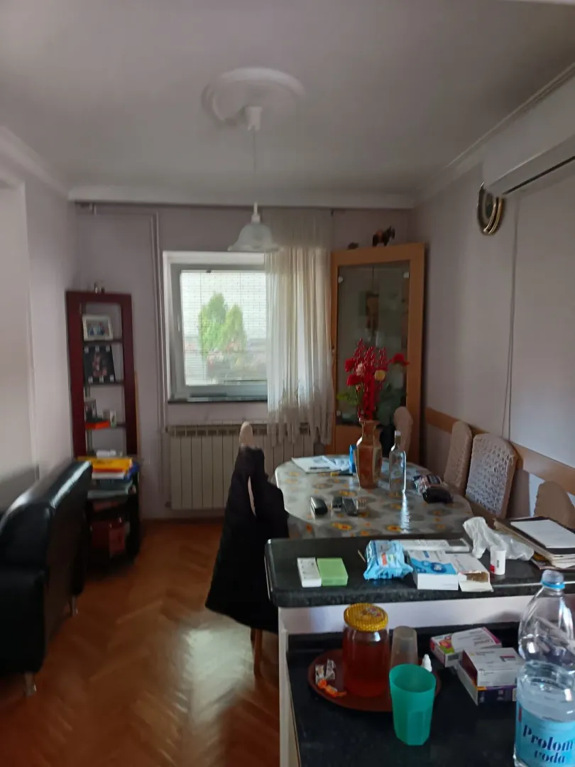 Pogled na dnevnu sobu sa trpezarijom i kuhinjskim elementima.