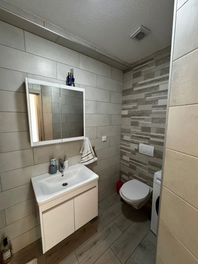 Bathroom equipped with a vanity unit, toilet, and washing machine.