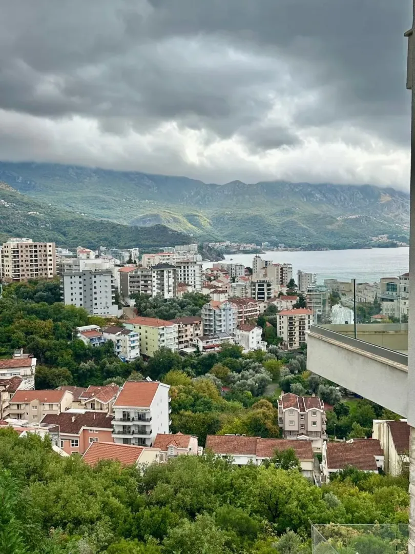 View from the terrace overlooking the town, sea, and mountains.
